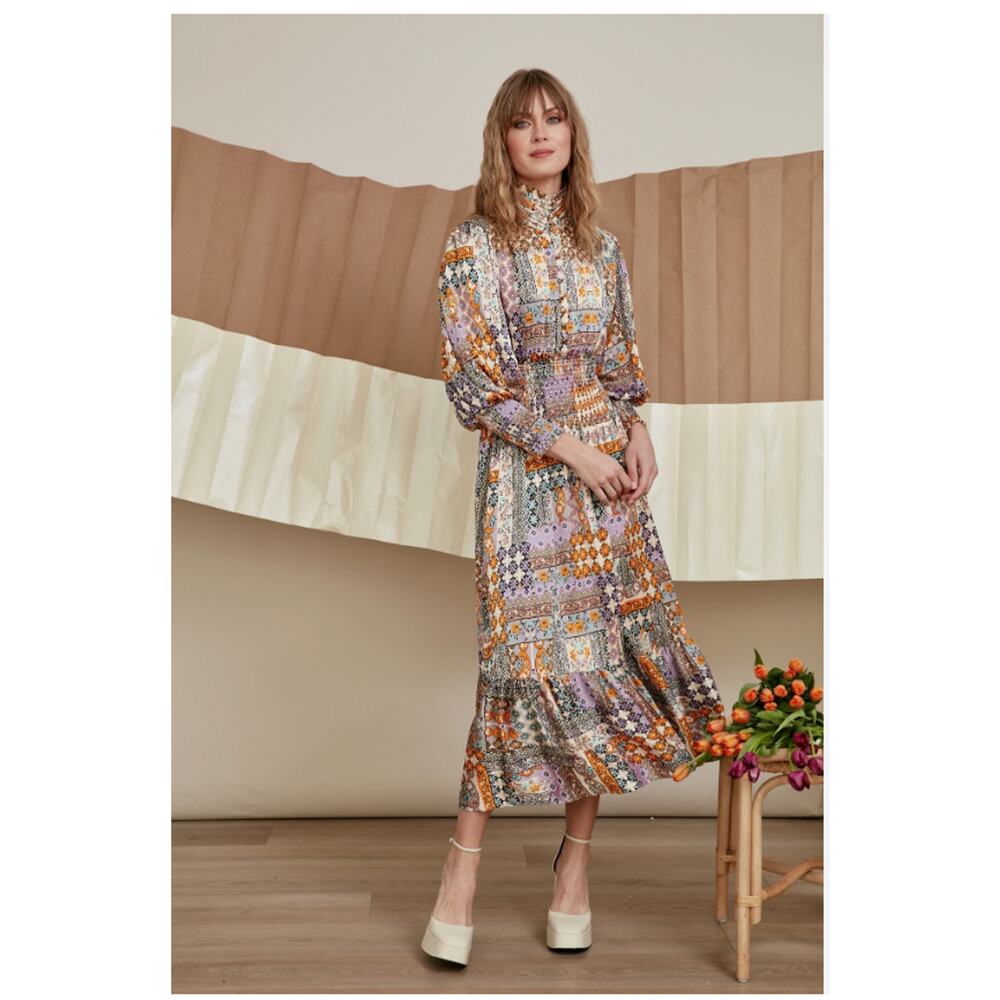Gemma Albright Paisley Midi Long Sleeve Prairie Dress‎ Sz XS